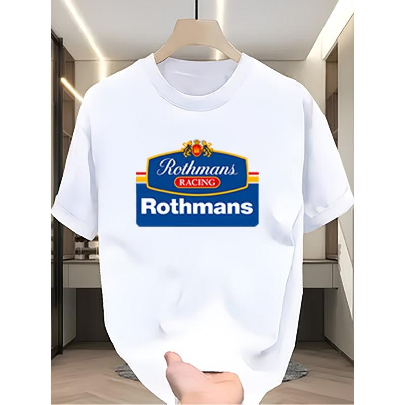 Męska koszulka z krótkim rękawem w rozmiarze europejskim, z nadrukowanym logo Rothmans Racing, zaprojektowana z luźnym okrągłym dekoltem, wykonana z oddychającej tkaniny letniej