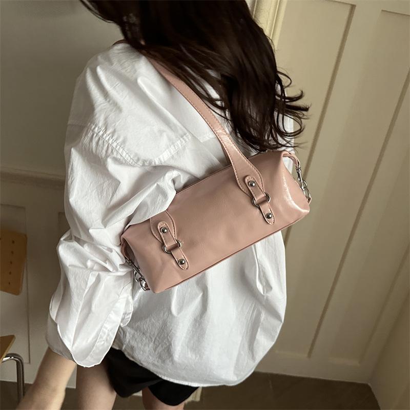 Vintage Solid Color PU Shoulder Underarm Bag for Women Textured Simple Pillow Tote Portable Female Handbag