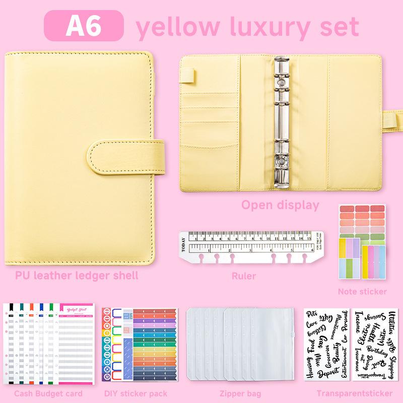 A6 PU Leather Six-Ring Loose-Leaf Binder with Zipper Pockets and Planner