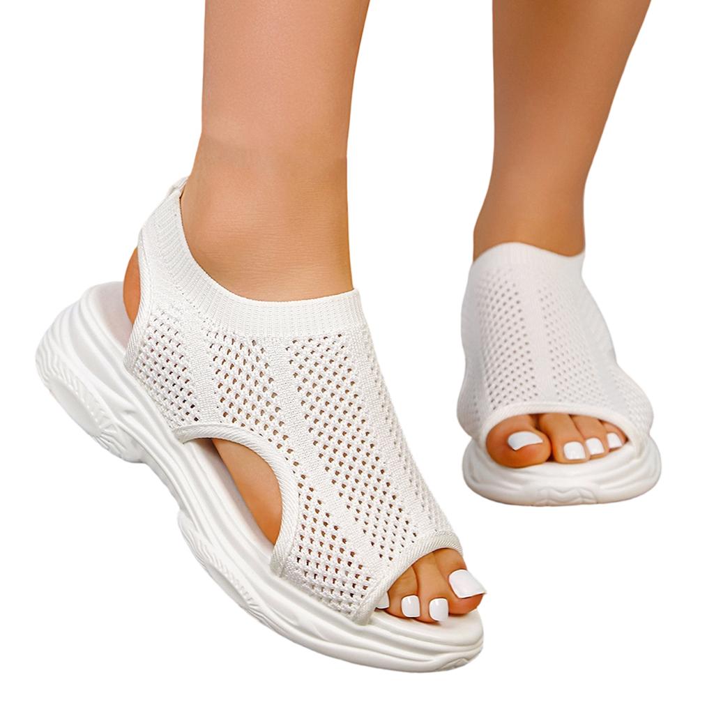 Leichte Damen-Sandalen mit offener Zehenpartie aus Strick-Netzstoff, atmungsaktive Slip-On-Schuhe für den Alltag mit gepolsterter Sohle und flexibler Laufsohle