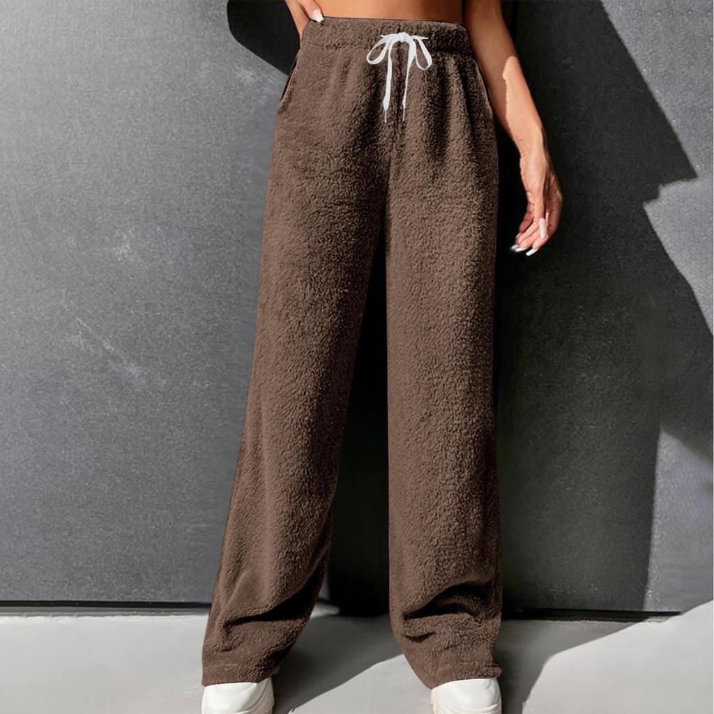 Women Pajama Pants Plush Sleep Pants Soft Elastic Waist Pajama Bottoms Solid Color Pants With 2 Pockets