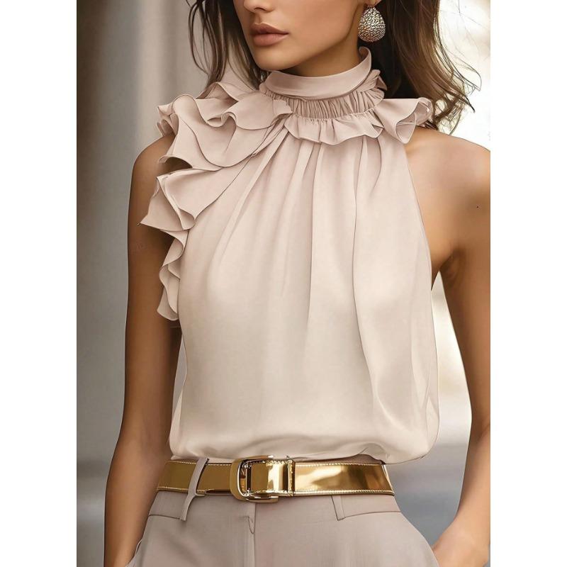 

JKASHDK Women s Fashion Casual Summer Spring Solid Color Print Sleeveless High Neck Blouses & Shirts XXL абрикосовый