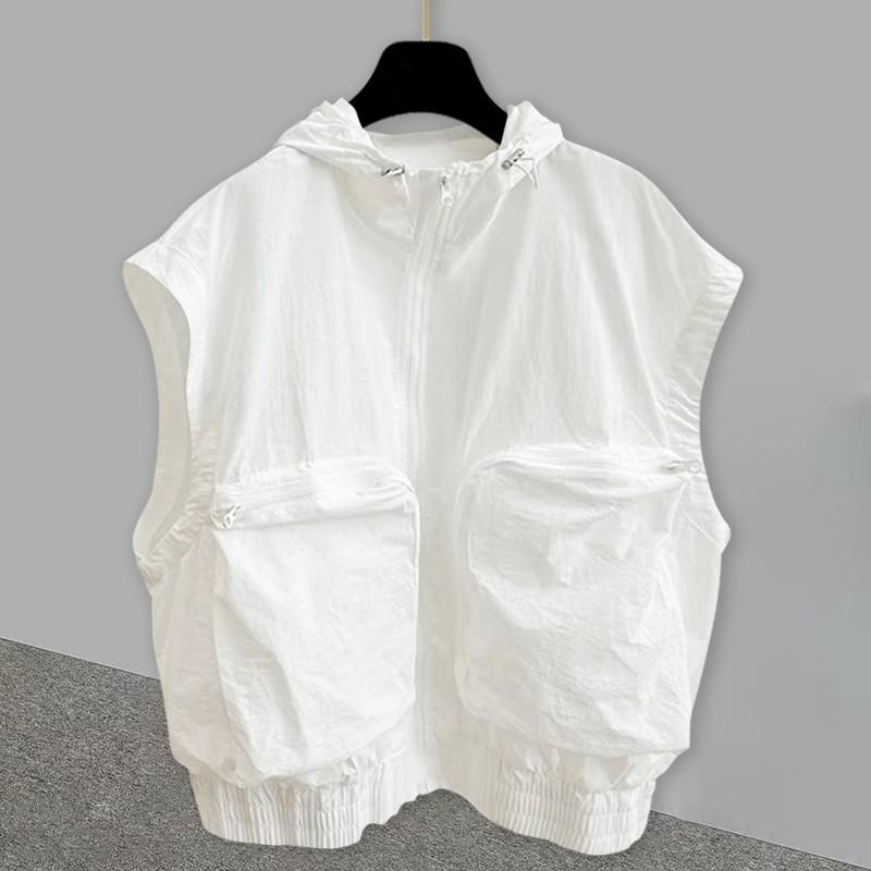 

Летний мужской жилет без рукавов с капюшоном, жилет в корейском стиле, свободная рабочая одежда, модная однотонная свободная майка-майка унисекс, жилеты-карго S белый