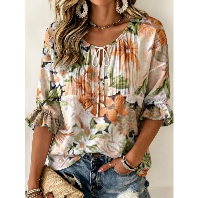Women's Elegant Printed Lace-up Flared Top, Stylish and Versatile, Comfortable and Skin-friendly