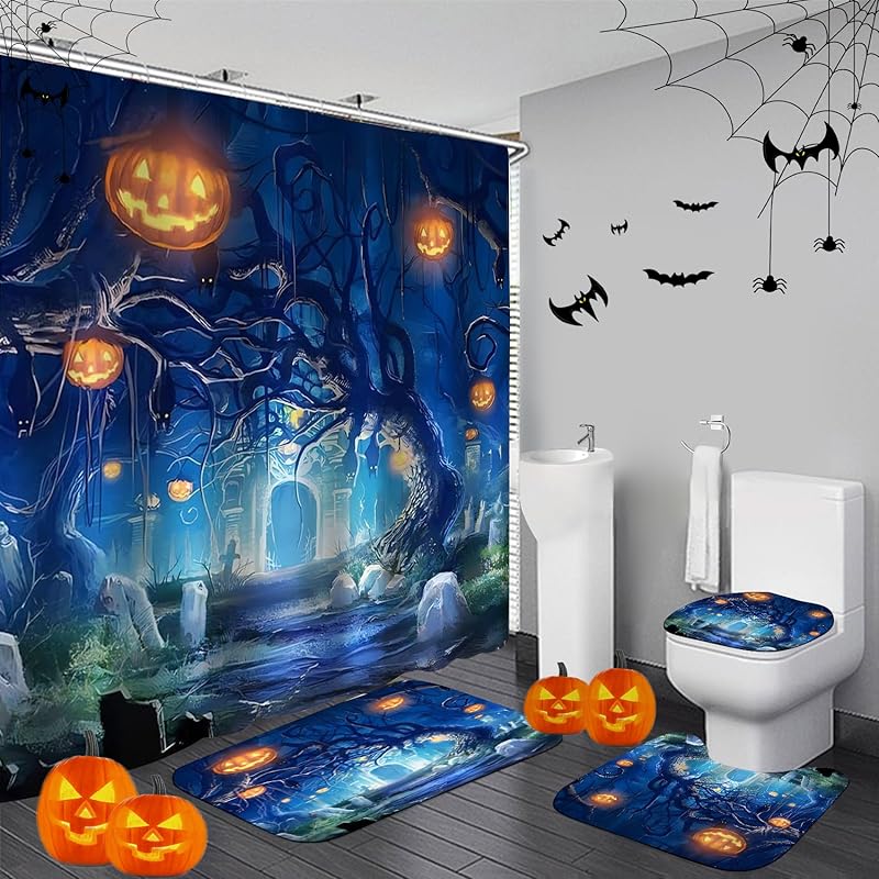 4PCS Christmas Fireplace Shower Curtain Sets, Christmas Tree Stocking Shower Curtain Sets with Rugs, Toilet Lid Cover and Bath Mat for Bathroom Set