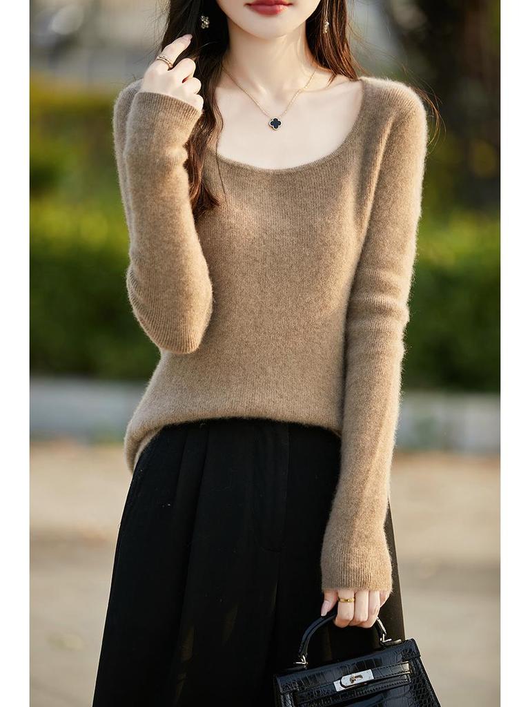 Slim Fit U-Neck Cashmere Sweater: Women's Elegant Spring/Autumn Knitwear Pullover