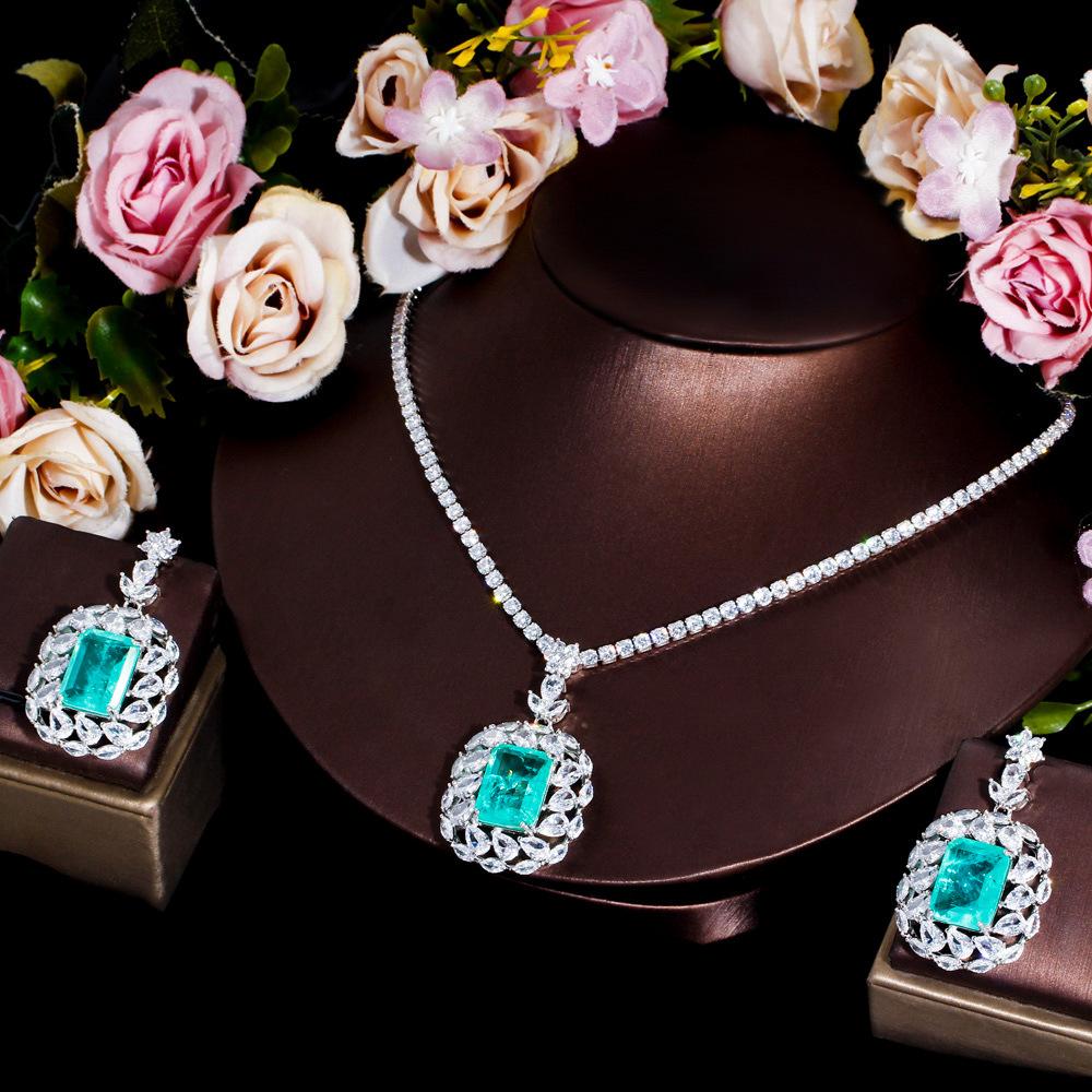 Designer Imitation Paraiba Micro-Inlaid Zircon Necklace Earrings Set Sea Blue Treasure Set Chain