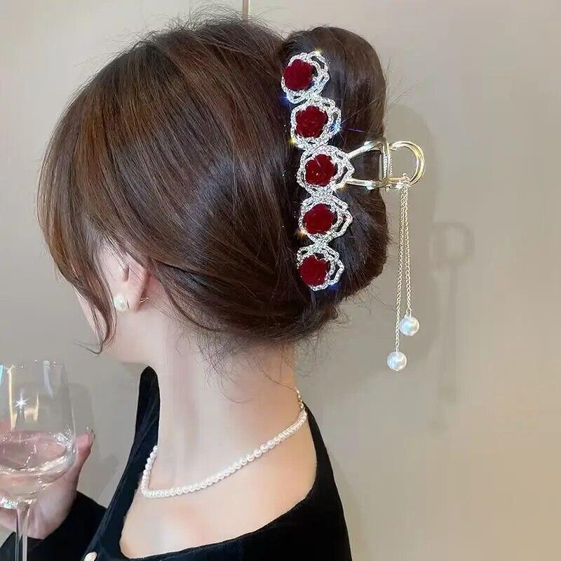 Vintage Velvet Red Rose Hair Claws For Women Luxury Metal Clamp Clip Barrettes Hairpins New Rhinestone Hair Accessories Headwear