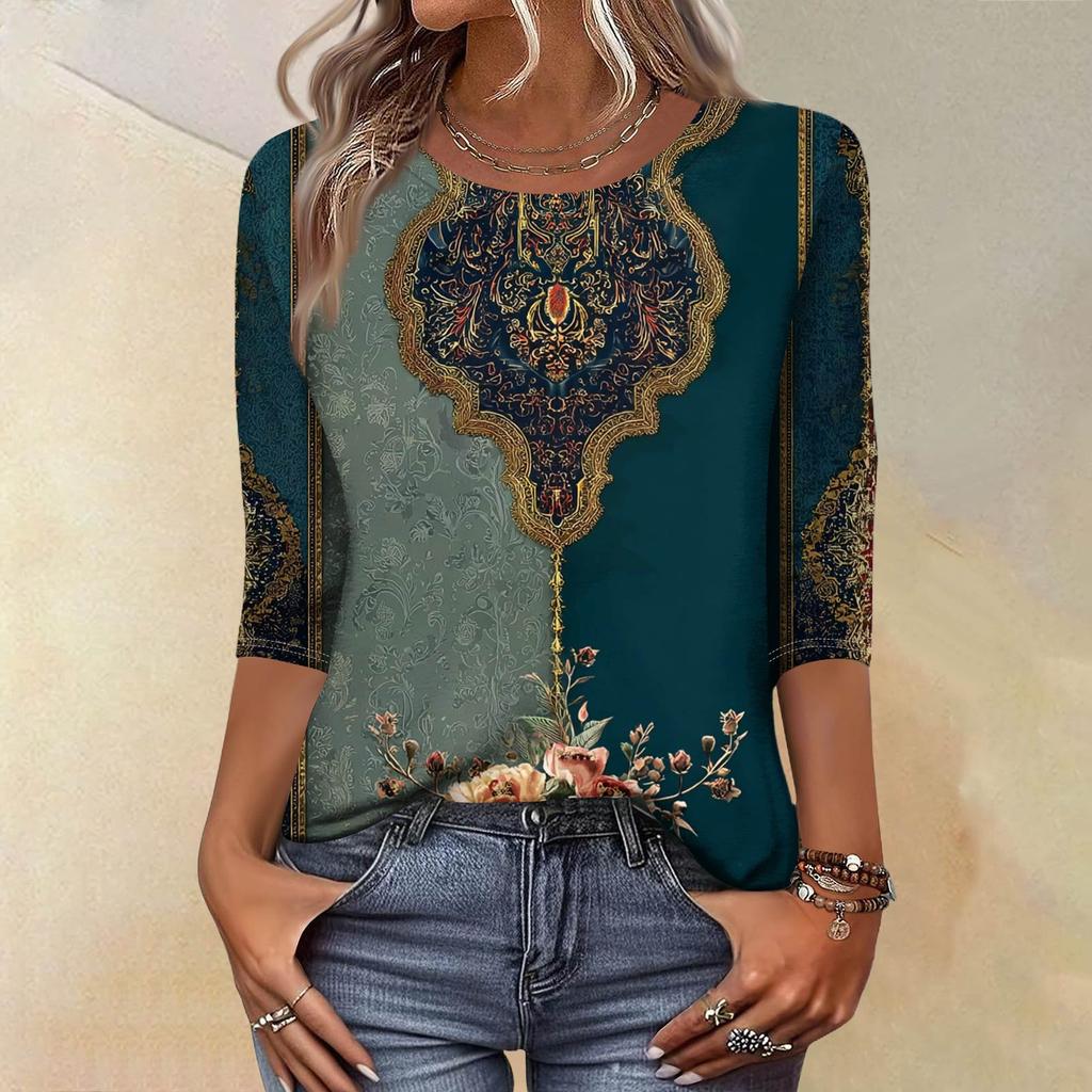 Módní vintage top s 3/4 rukávem pro ženy, dámská ležérní halenka s tříčtvrtečním rukávem a kulatým výstřihem s potiskem
