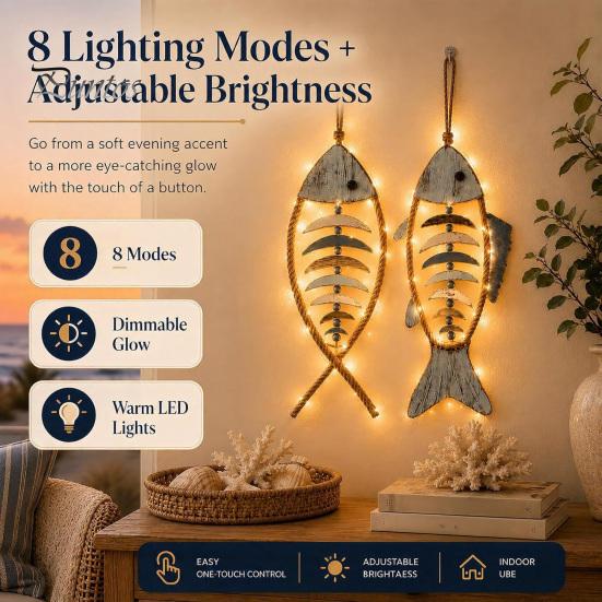 Wooden Decorative Pendant Fish Wall Hanging With/Without LED Light, Nautical Decor, Coastal Theme Fishbone Durable Fine Craftsmanship Decor