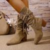 Damen Wildleder Cowboy-Stiefel, Vintage Fransen Langstiefel, Retro Lässige Kniehohe Stiefel mit Geflochtenem Seil für den Winter