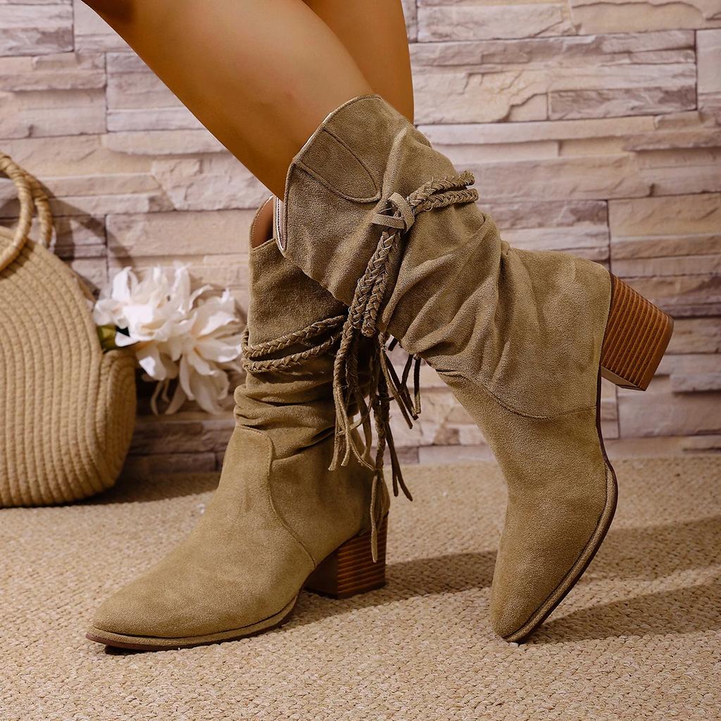 Damen Wildleder Cowboy-Stiefel, Vintage Fransen Langstiefel, Retro Lässige Kniehohe Stiefel mit Geflochtenem Seil für den Winter