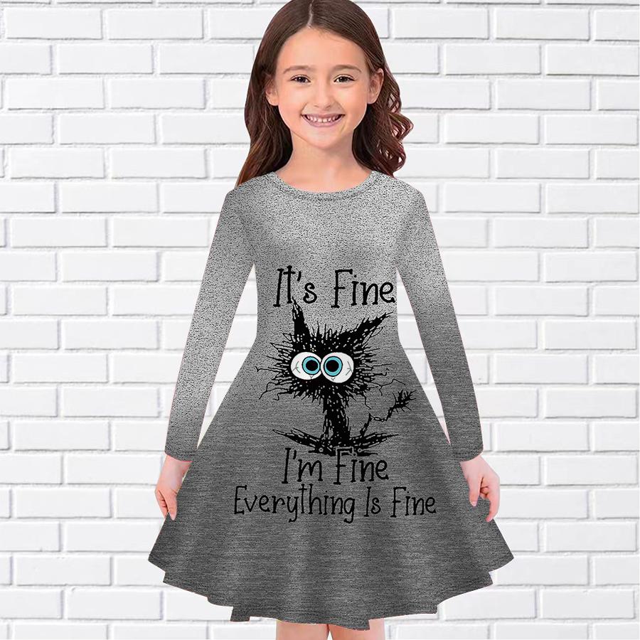 Girl Casual Gradient English Cat Print Round Neck Long Sleeve Dress Kid Princess Dress