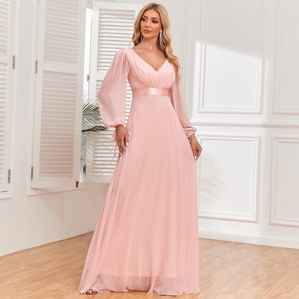 

Pink Chiffon Evening Gown with Tie-Up Sleeves, Double V-Neck, Elastic Waist, and A-Line Skirt L розовый