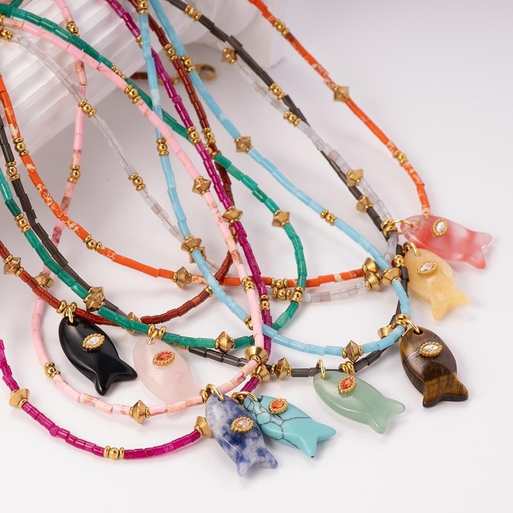 Cylinder Stone Bead Fish Pendant Necklace Colorful Choker Necklace Ocean Style Necklace  Summer