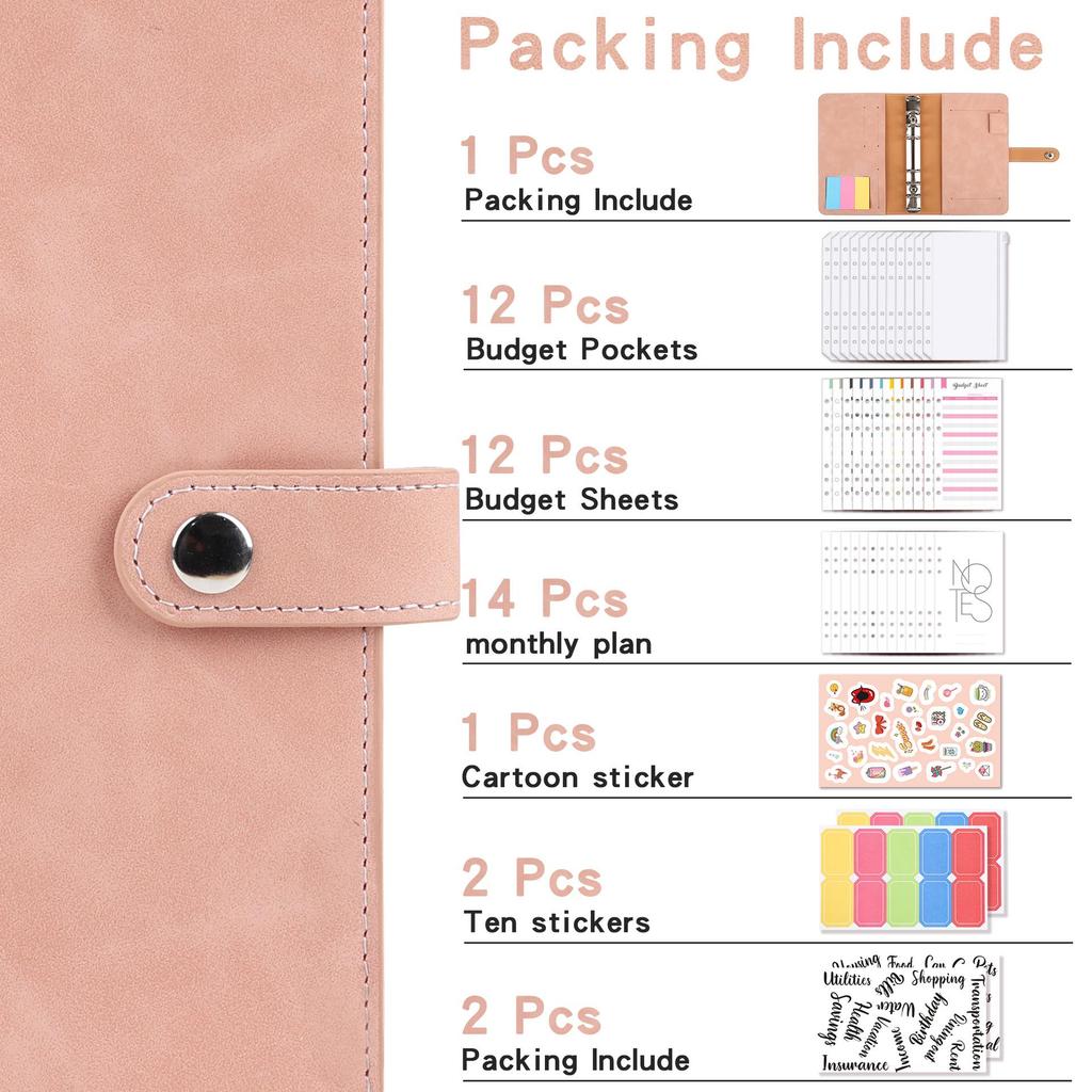 A6 Macaroon Leather Notebook Binder with 12 Refillable Zippered Pockets for Bills and Coins