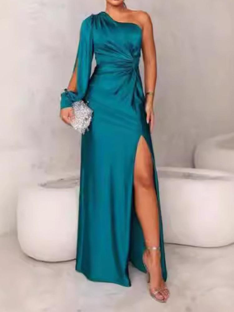 New Women's One-Shoulder Raglan Sleeve Pleated Waist Slit Sexy Long Dress