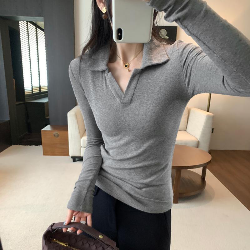 Super Flattering Slim Fit Grey Lapel T-Shirt for Petite Women, Autumn/Winter 2025