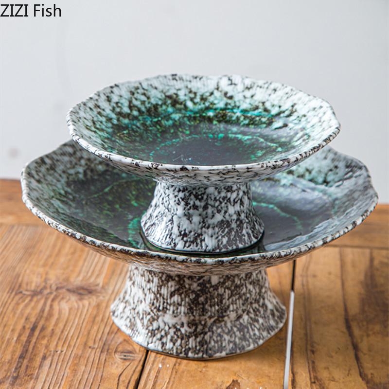 Chinese Style High Legged Dim Sum Plate Vintage Ceramic Fruit Plate Household Living Room Candy Snack Plate Kitchen Tableware