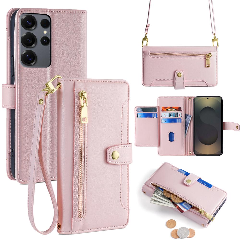 For Samsung Galaxy S25 Ultra Leather Case Zipper Pocket Wallet Phone Cover with 2 Straps