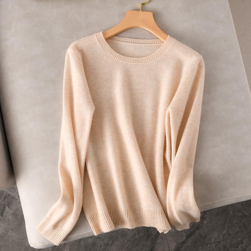 Dámský 100% vlněný pletený svetr s kulatým výstřihem a dlouhým rukávem – Jednobarevný pro podzim a zimu