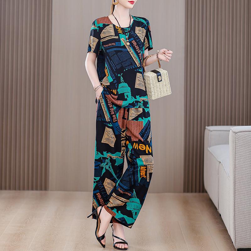 Summer Sets for Women 2 Pieces Plus Size Loose Elegant High Waist Pants Sets Vintage Middle Aged Women's Clothing