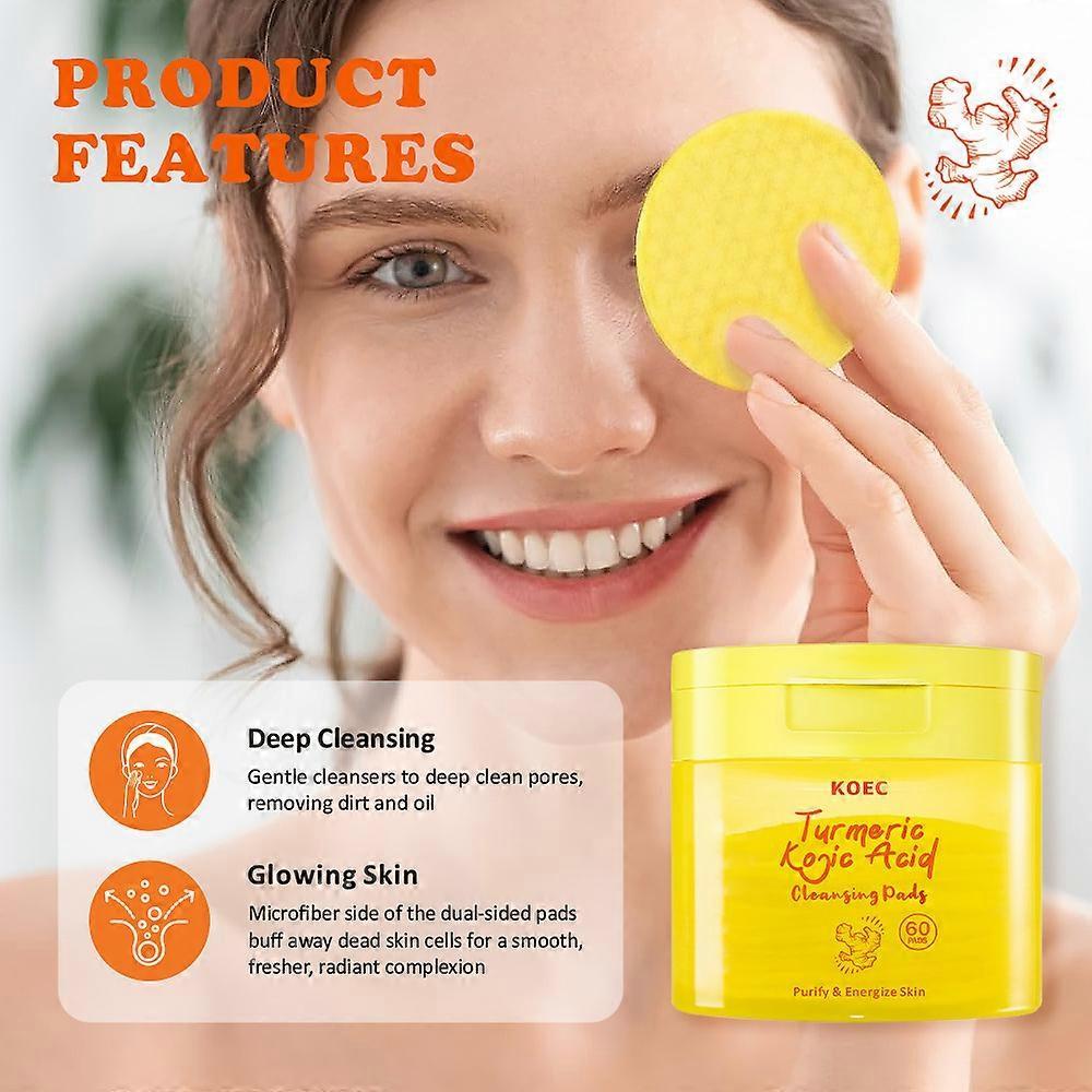 60 Pads Kojic Acid and Turmeric Cleansing Pads for Dark Spots and Uneven Skin Tone, Brightening and Exfoliating Face Pads with Natural Ingredients, An