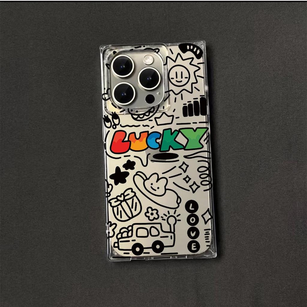 Transparent Square Back Tube Case Casing Protection For iPhone 12 13 11 16 ProMax 15 Plus 14 Pro Max Anti-Oxygen,Lucky Graffiti Pattern