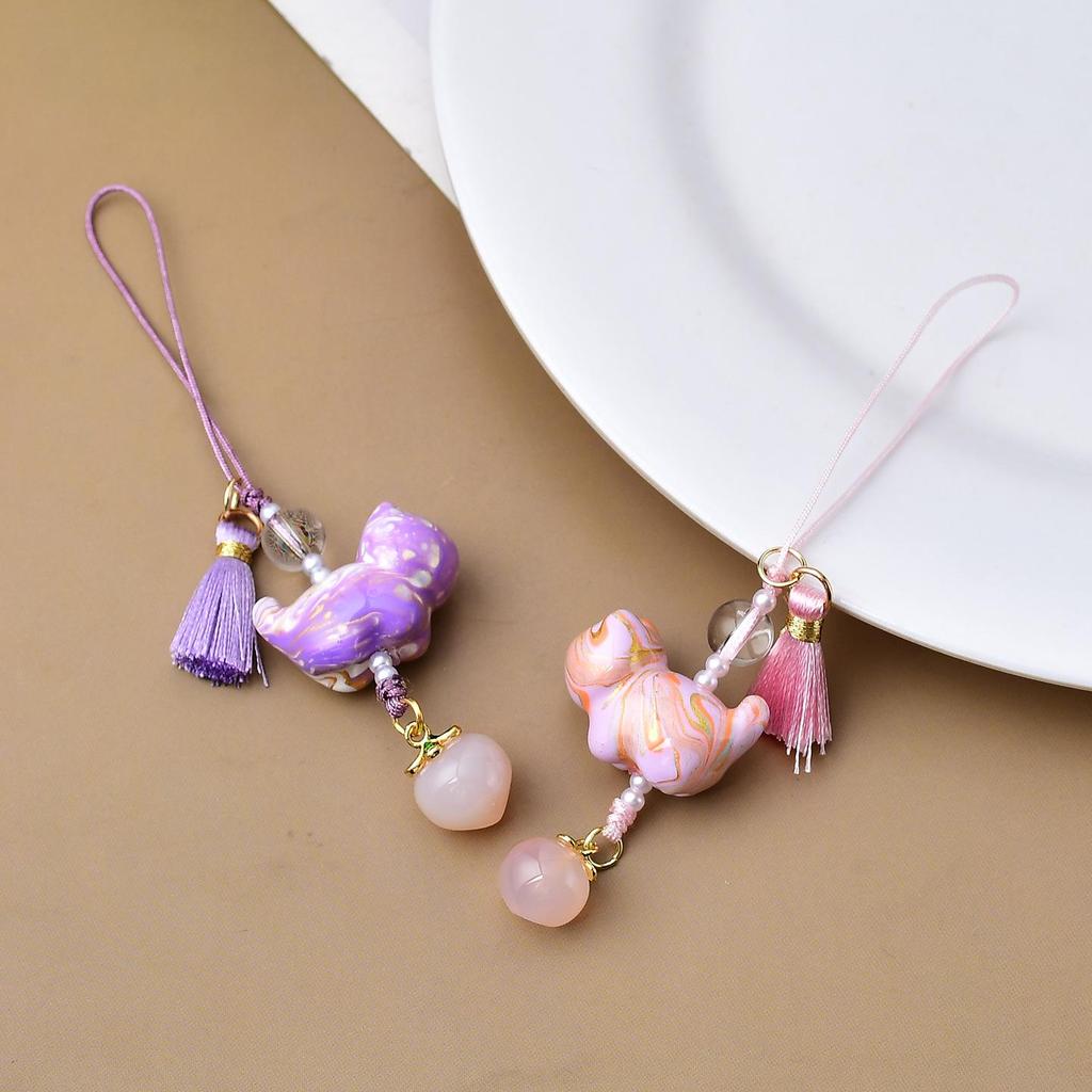 Chinese Ink Wash Cat Tassel Pendant Phone Lanyard - Handwoven Song Brocade Bag Charm