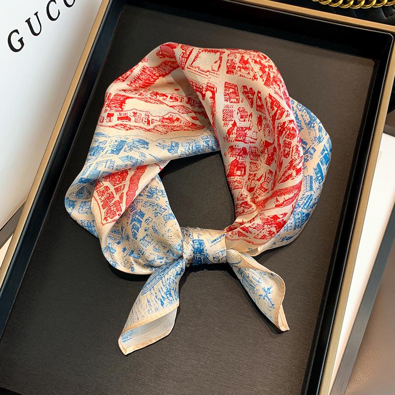 Green floral 100% mulberry silk scarf autumn and winter small square scarf versatile silk scarf temperament Korean silk scarf women