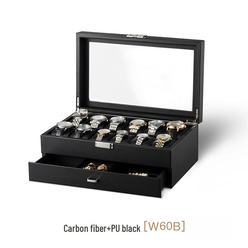 Double Layer Carbon Fiber PU Watch & Jewelry Display Box