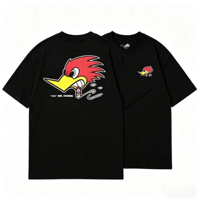 T-shirt Manches Courtes Unisexe Coton Impression Drapeau Américain Style Rétro Dessin Animé Oiseau Course Moto Mode Urbaine Décontractée