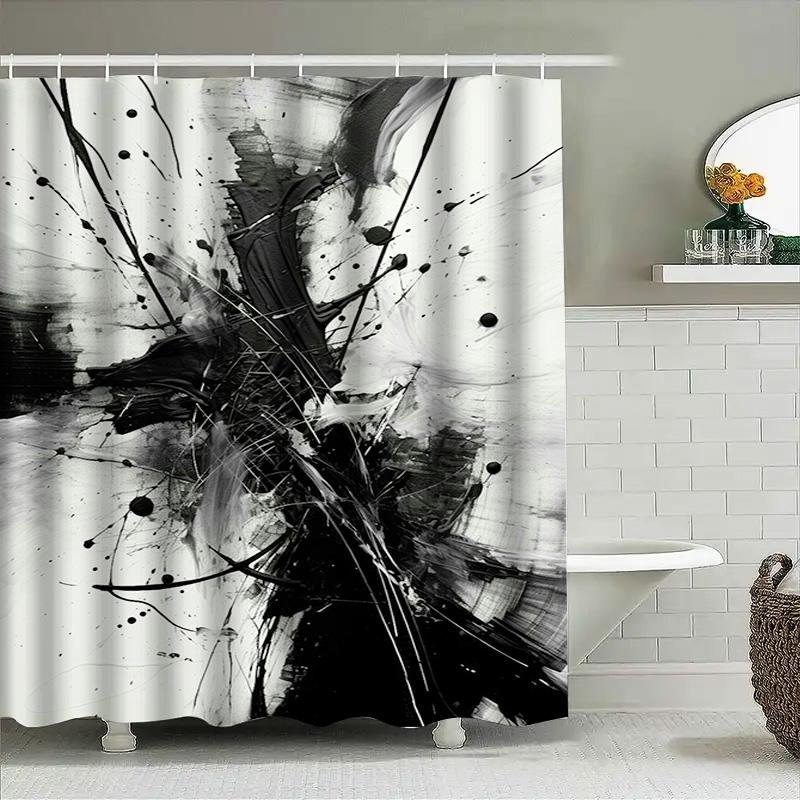 Set Tenda Doccia Bagno Astratta Moderna Bianco e Nero Senza Cornice Tasca per Asta in Plastica Impermeabile Stampa Decorativa Casa Bagno