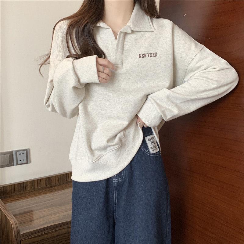Autumn and Winter Thin Section of Long-sleeved T-shirt Female Polo Shirt Thin Age Reduction Letter Print Loose Hundred Lapel Sweater