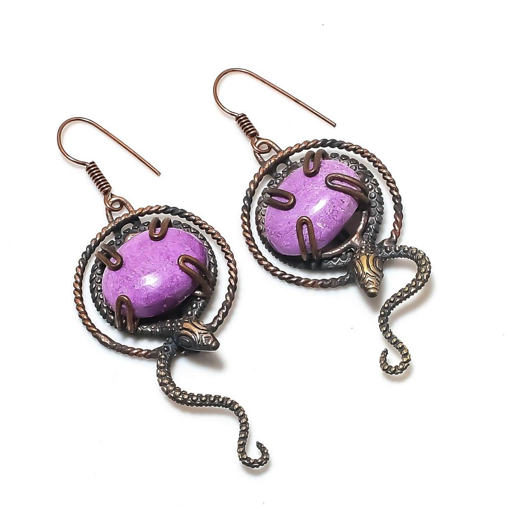Purpurite 999 Copper Wire Wrapped Earrings, Handmade Gemstone Jewelry Earrings For Memorial Day