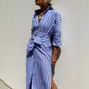 European Style Women Clothing Striped Cardigan Blouse Maxi Dress