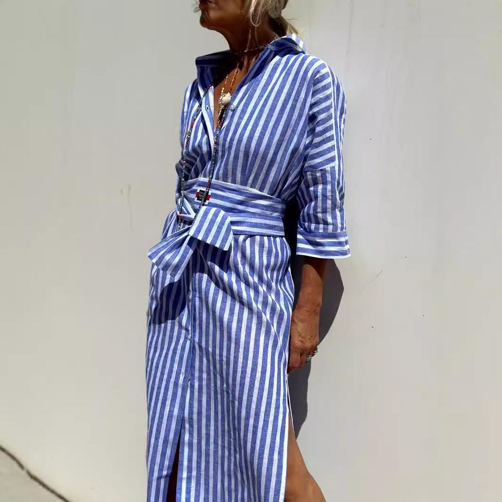 European Style Women Clothing Striped Cardigan Blouse Maxi Dress