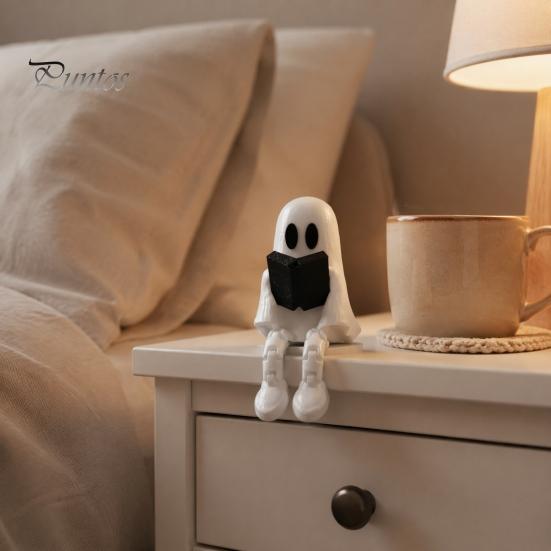 Desktop Ghost Ornament Reading Figurine with Articulated Legs, 3D Printed Sitting Statue, White Desk for Halloween Decoration Artistic