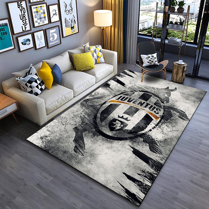 Football Club Area Rug, Juventus FC Black White Grunge Cracked Emblem Bull Print, Soccer Fan Room Decor, Non-Slip Mat