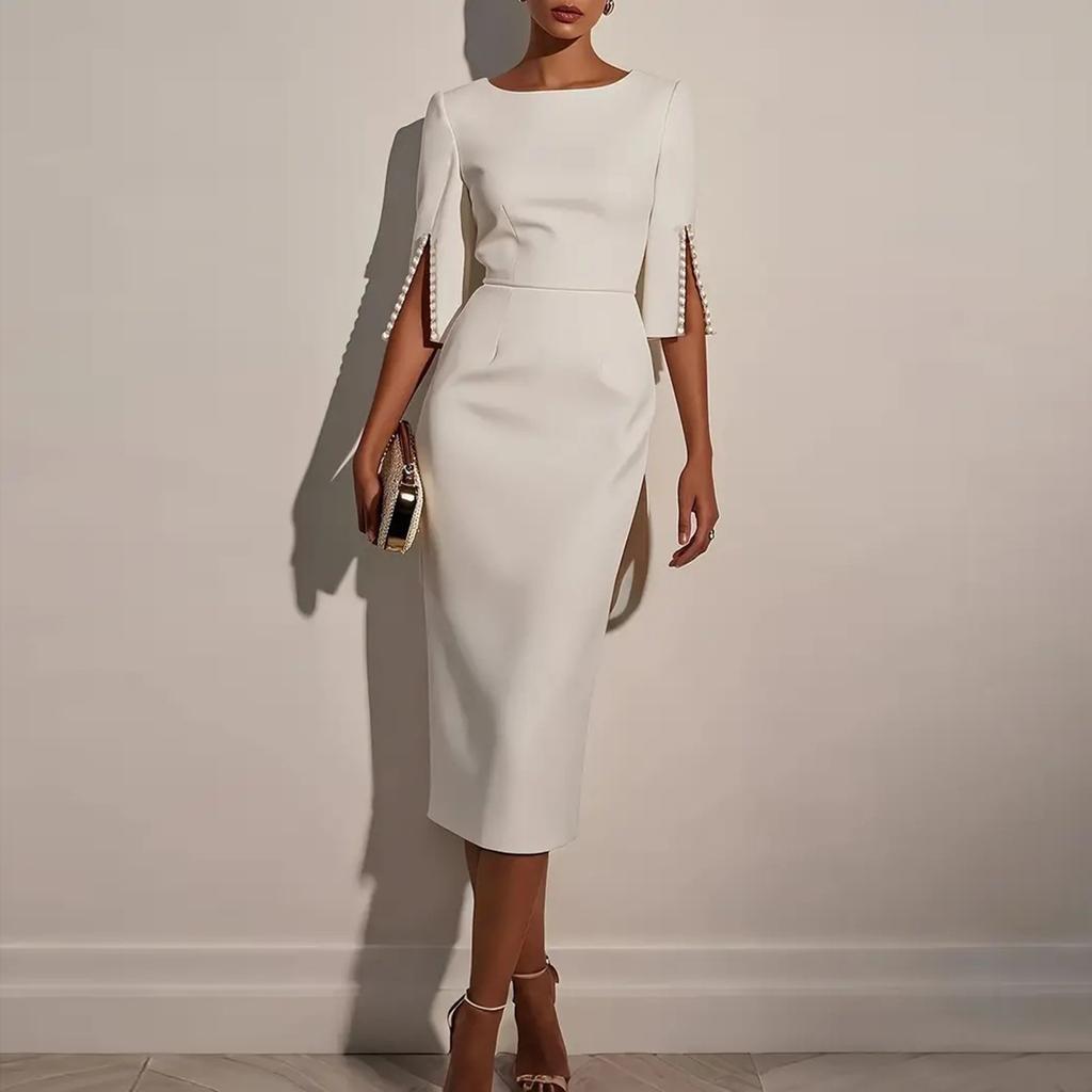 Women's Slim Fit Embellished Sleeve Midi Dress Elegant Formal Office Pencil Dress with Beaded Detail and Crew Neck Design for Special Occasions