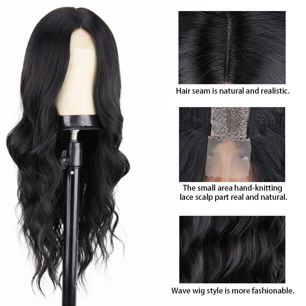 MISS WIG Long Black Wavy Wig for Women Middle Part Curly Wavy Wig Natural Looking Synthetic Heat Resistant Fiber Wig for Daily Party Use