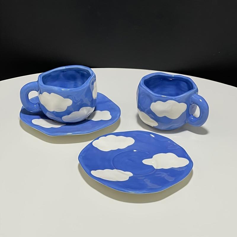Reusable Ceramic Coffee Cup, Saucer Set with Blue Sky and White Cloud Design, Perfect for Breakfast and Afternoon Tea, Hand Wash Only