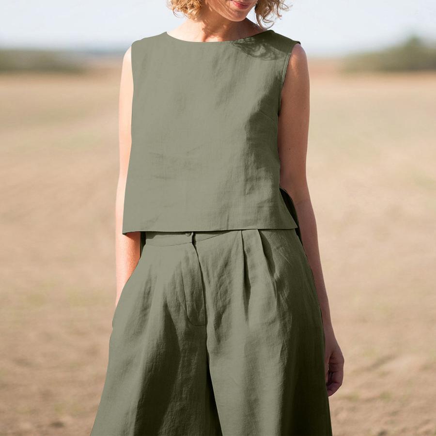 Plus Size Women's Clothing Set, Solid Color Chinese Style Retro Pants, Cotton Linen Casual Long Sleeve Loose Cotton Set