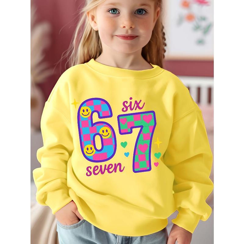 Unisex Kids Crewneck Sweatshirt For Over 4 Years Old Boys Girls Retro Checker Smile Heart Number 67 SIX SEVEN Birthday Graphic Soft For 4-12 Children