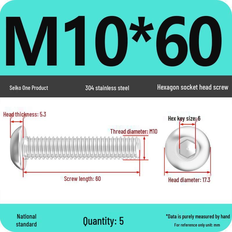 304 Stainless Steel Pan, Half, and Round Head Hexagon Screws (M2-M12)