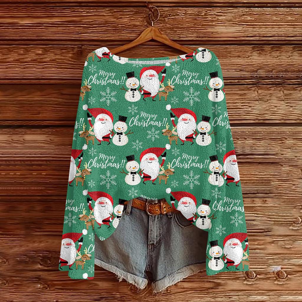 Women's Fashionable Oversized Knitwear Long-Sleeved Christmas Print Top