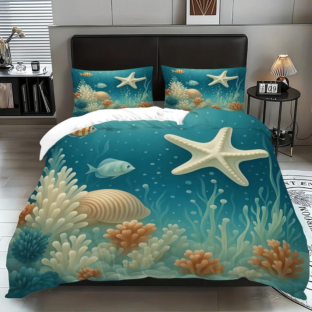 Ocean Theme Quilt Cover Three-Piece Beach Shell 3D Digital Printing Quilt Cover Pillowcase