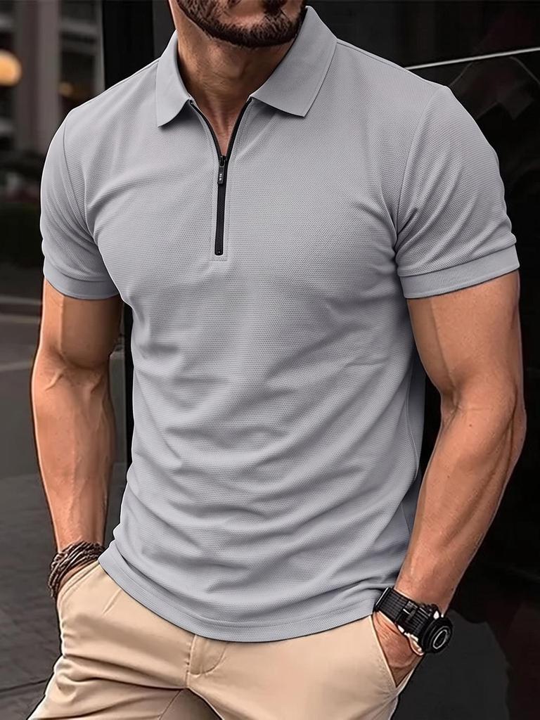 Men's Plus Size Summer Short Sleeve Zipper Polo - Casual, Breathable, High Elastic Pique Mesh Top