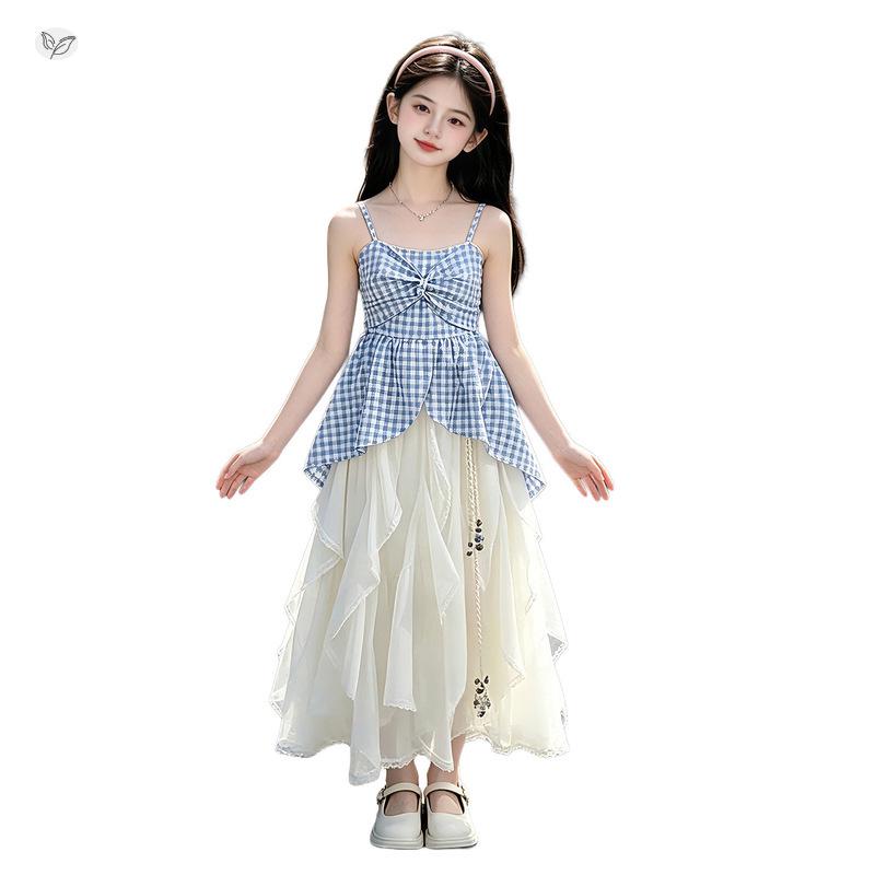 2026 New Girls' Plaid Strappy Top & Long Skirt Set - Korean Style