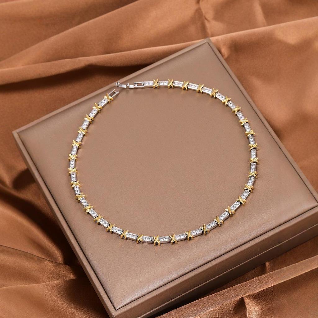 Two-Tone Gold & Silver T-Style Necklace Set with Cubic Zirconia and Design Accent X Clavicle Chain